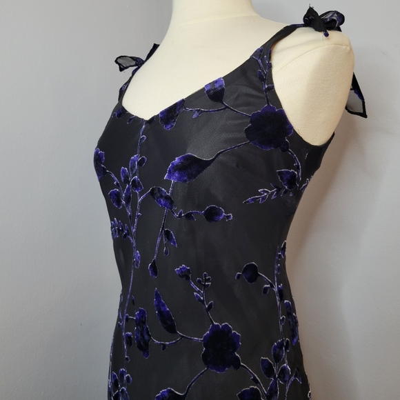 Whimsy Goth Witchy 2P Black Fairy Floral Dress Velvet Blue Flowers Evan Picone - Picture 6 of 9